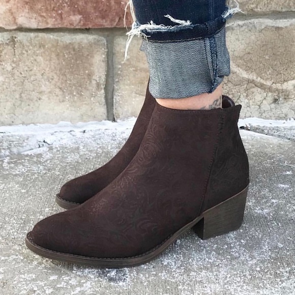 Texas Brown Brocade Floral Embossed Ankle Booties - Picture 2 of 8